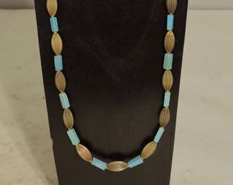 Necklace Chinese Turquoise Raw Fluted Brass Necklace Handmade Blue Turquoise Womans Oval Fluted Brass Beads Necklace