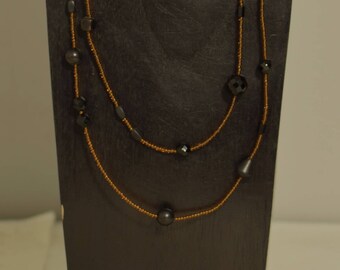 Necklace Black Jet Faceted Glass Horn Rust Seed Bead Necklace