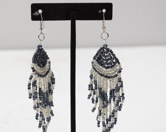 Earrings Gunmetal White Fan Beaded Earrings