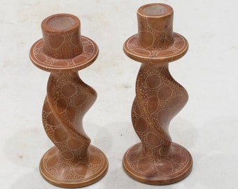 African Carved Soapstone Candle Holder Set Abstract Design Kenya