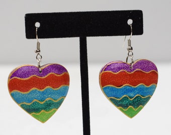 Earrings Painted Wood Hearts