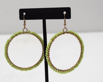 Earrings Green Beaded Hoop Earrings