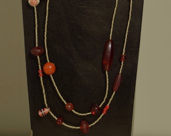 Africa Red Glass Porcelain Cinnabar Silver Beaded Necklace