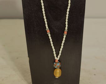 Necklace Nepal Silver Turquoise Coral Amber White Glass Beaded Necklace