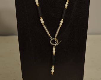 Czechoslovakian Black Glass Pearls Silver Gold Front Toggle Necklace