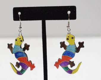 Earrings Painted Wood Chameleons