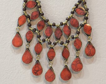 Necklace Middle East Simulated Coral Teardrop Tribal Necklace 22"