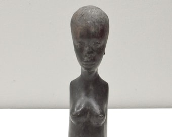 African Female Bust Ebony Wood Carved Sculpture Tanzania