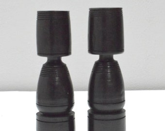 African Candle Stick Pair Ebony Wood Abstract Design Tanzania