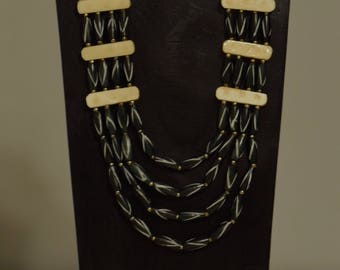 Necklace 4 Strand Black White Bone Beads