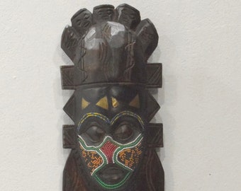 African Mask Carved Wood Benin Beaded Mask