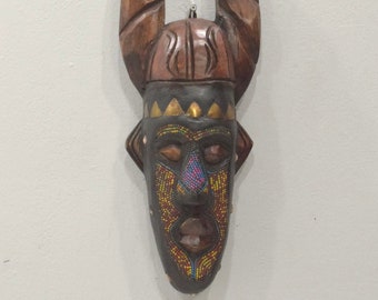 African Mask Ashanti Horned Wood Brass Beaded Mask Ghana