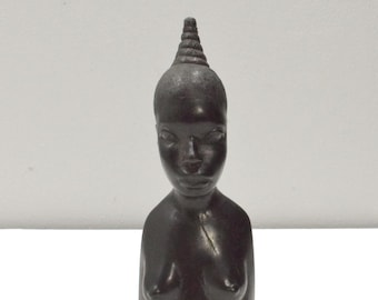 African Female Bust Ebony Wood Carved Sculpture Tanzania