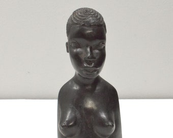 African Female Bust Ebony Wood Carved Sculpture Tanzania