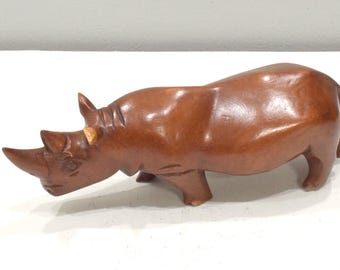 African Wood Folk Art Rhino Statue