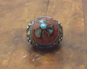 Middle Eastern Silver Coral Turquoise Inlay Ring