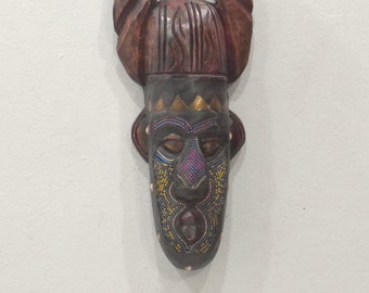 African Mask Ashanti Horned Wood Brass Beaded Mask Ghana