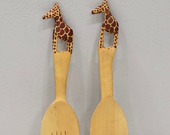 African Old Giraffe Wood Serving Spoon Set Kenya