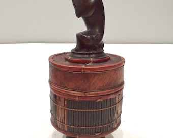 Basket Indonesian Palm Leaf Container Animal Wood Carving Top