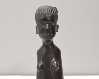 African Female Bust Ebony Wood Carved Sculpture Tanzania
