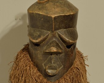 Mask African Suka Helmet Ceremonial Congo Handmade Wood Ancestor Suka Raffia Helmet Mask