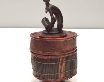 Basket Indonesian Palm Leaf Container Animal Wood Carving Top