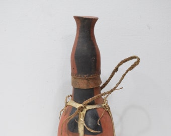 African Jug Turkana Old Milk Container Wood Leather Hide Carved Wood Jug