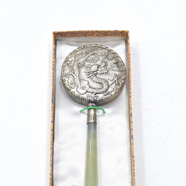 Chinese Small Silver Cloisonne Dragon Soo Chow Jade Mirror