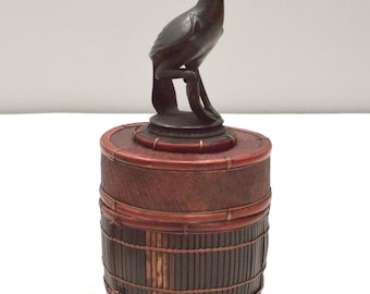Basket Indonesian Palm Leaf Container Animal Wood Carving Top