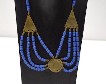 Necklace African Old Turkana Brass Blue Glass 20"