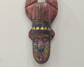 African Mask Ashanti Horned Wood Brass Beaded Mask Ghana