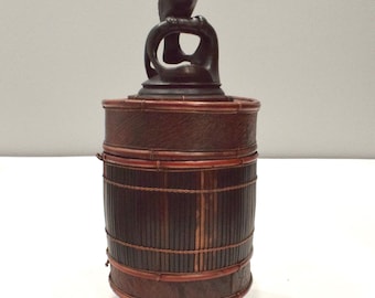 Basket Indonesian Palm Leaf Container Animal Wood Carving Top