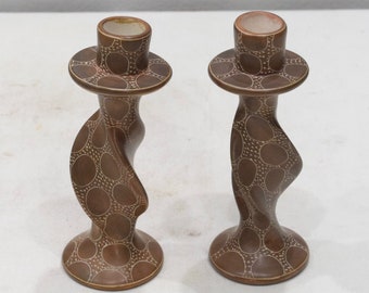 Candle Holder Set Soapstone Carved Abstract Design Kenya