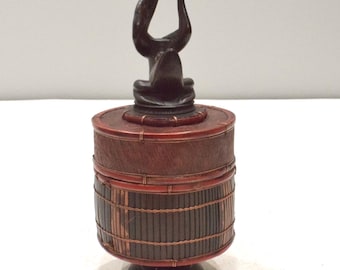 Basket Indonesian Palm Leaf Container Animal Wood Carving Top