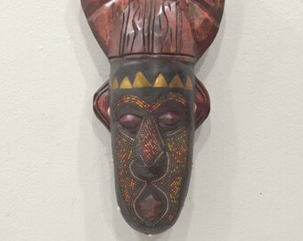 African Mask Ashanti Horned Wood Brass Beaded Mask Ghana