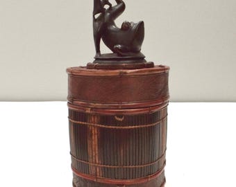 Basket Indonesian Palm Leaf Container Animal Wood Carving Top