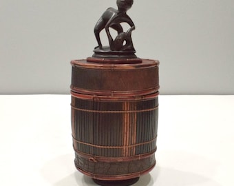 Basket Indonesian Palm Leaf Container Animal Wood Carving Top