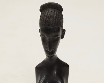 African Female Bust Ebony Wood Carved Sculpture Tanznia