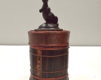 Basket Indonesian Palm Leaf Container Animal Wood Carving Top