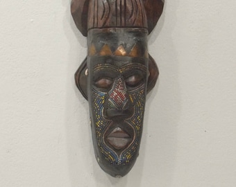 African Mask Ashanti Horned Wood Brass Beaded Mask Ghana