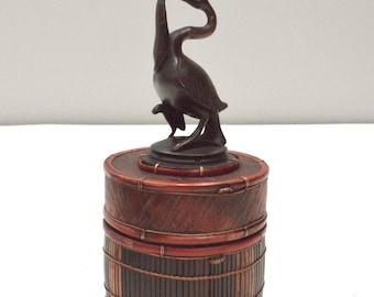 Basket Indonesian Palm Leaf Container Animal Wood Carving Top