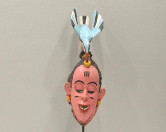 African Vintage Wood Crest Pink Baule Mask Cote'd Ivorie