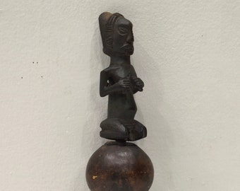African Tripod Rattle Gourd Wood Kenya Carved Figure Handle