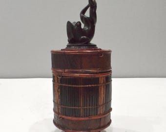 Basket Indonesian Palm Leaf Container Animal Wood Carving Top