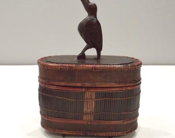 Basket Indonesian Palm Leaf Container Animal Wood Carving Top
