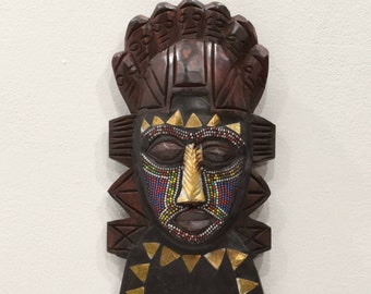 African Mask Carved Wood Benin Beaded Mask