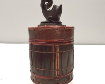 Basket Indonesian Palm Leaf Container Animal Wood Carving Top