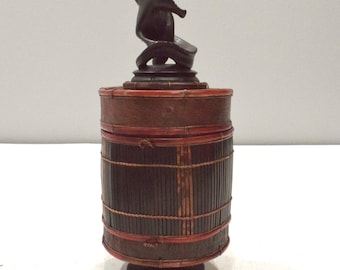 Basket Indonesian Palm Leaf Container Animal Wood Carving Top