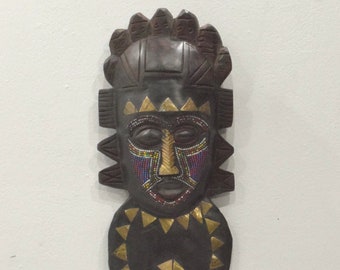 African Mask Carved Wood Benin Beaded Mask