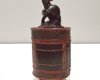 Basket Indonesian Palm Leaf Container Animal Wood Carving Top